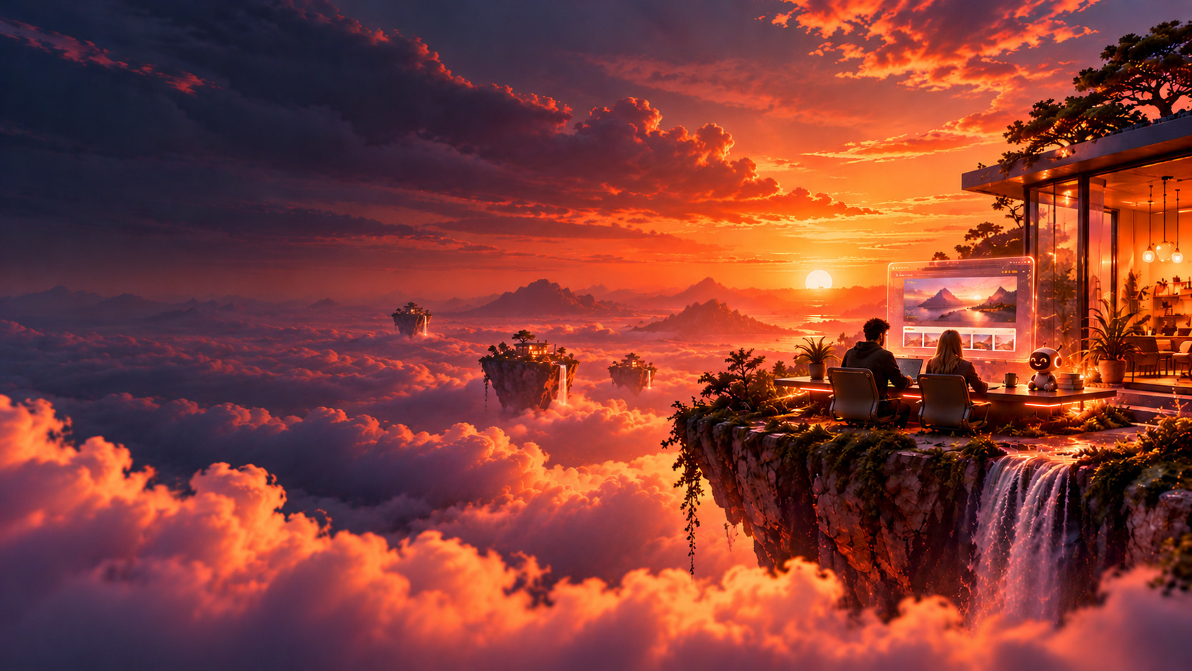 Illustration Solixia : deux créateurs de sites web au travail sur une terrasse au-dessus des nuages, au coucher du soleil