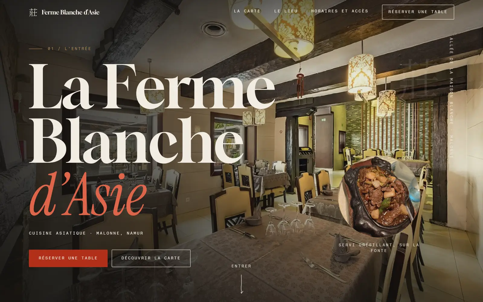 Page d'accueil du site de La Ferme Blanche d'Asie, restaurant asiatique à Malonne, réalisé par Solixia