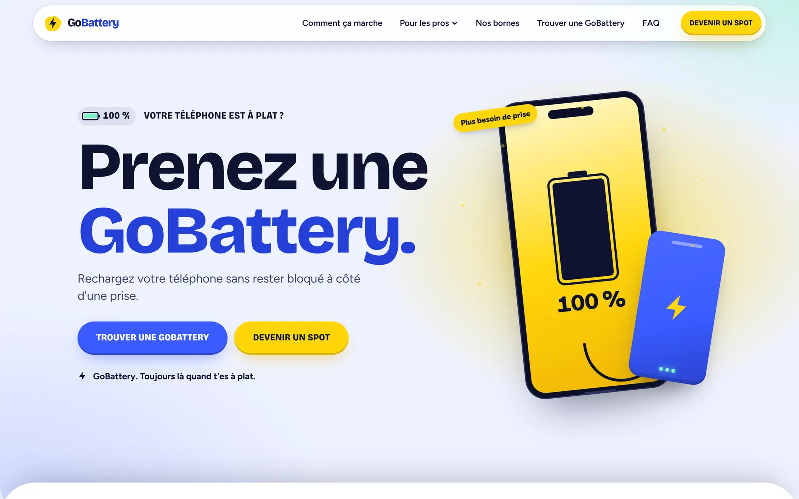 Page d'accueil du site de GoBattery, location de batteries portables à Namur, réalisé par Solixia