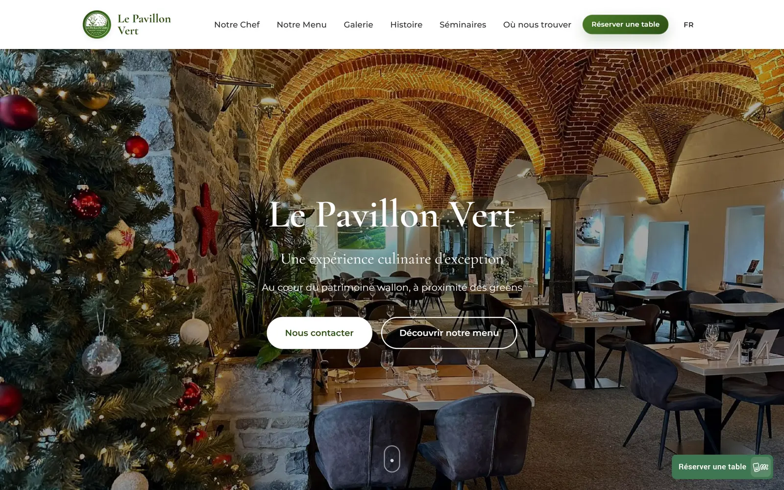 Page d'accueil du site de Le Pavillon Vert, brasserie, restaurant et événements à Mazy (Gembloux), réalisé par Solixia
