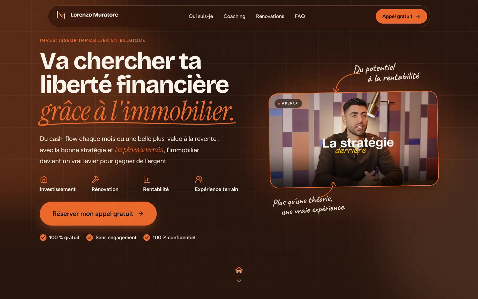 Page d'accueil du site de Lorenzo Muratore, coach en investissement immobilier à Boussu, réalisé par Solixia