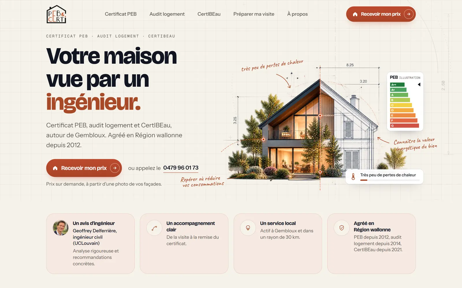 Page d'accueil du site de PEBCerti, certification peb à Grand-Leez (Gembloux), réalisé par Solixia