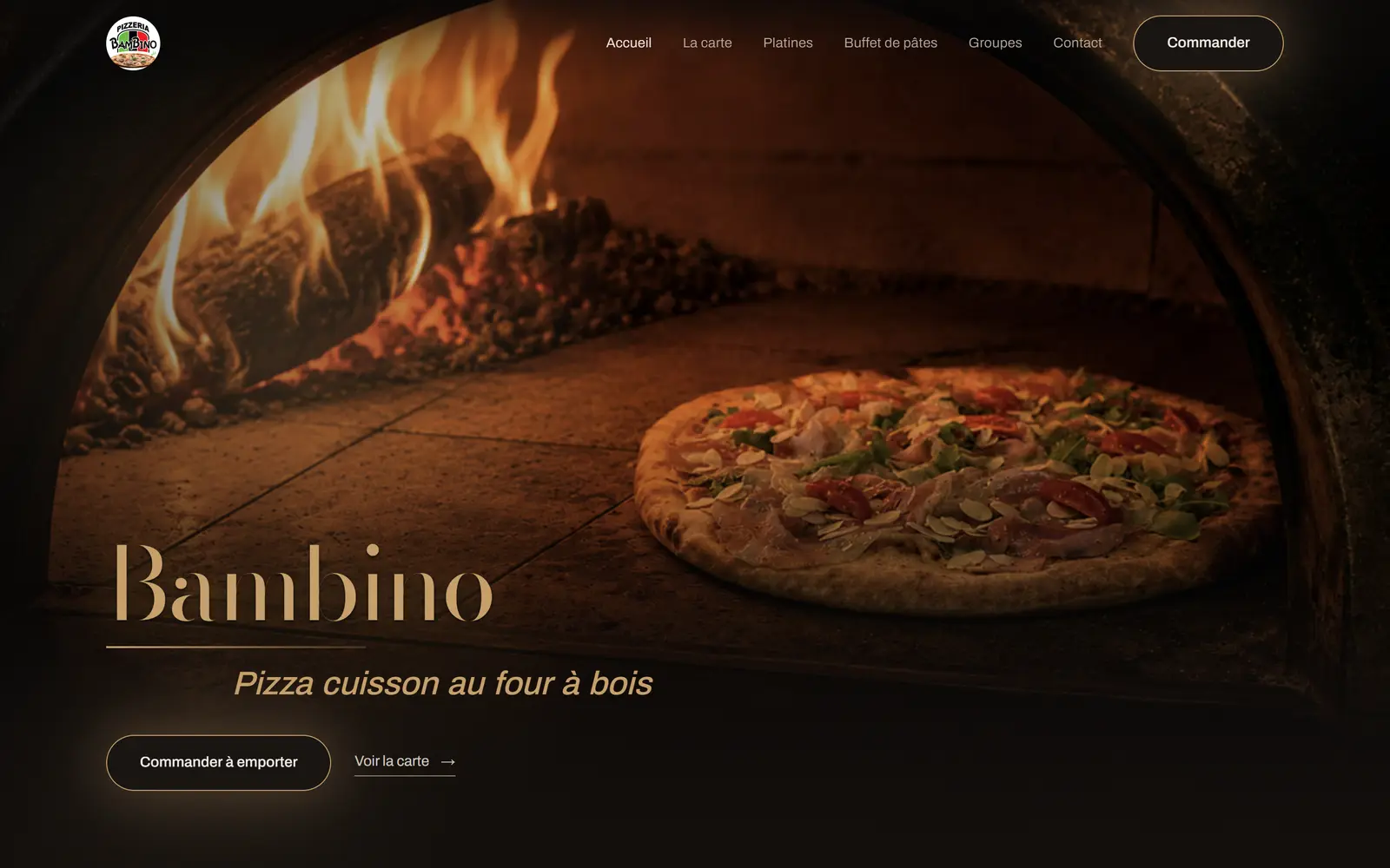 Page d'accueil du site de Pizzeria Bambino, pizzeria au feu de bois à Soumagne, réalisé par Solixia