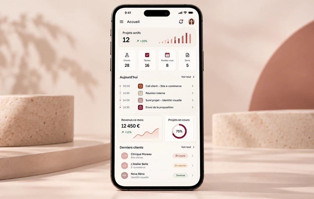 Illustration : téléphone affichant une application de gestion