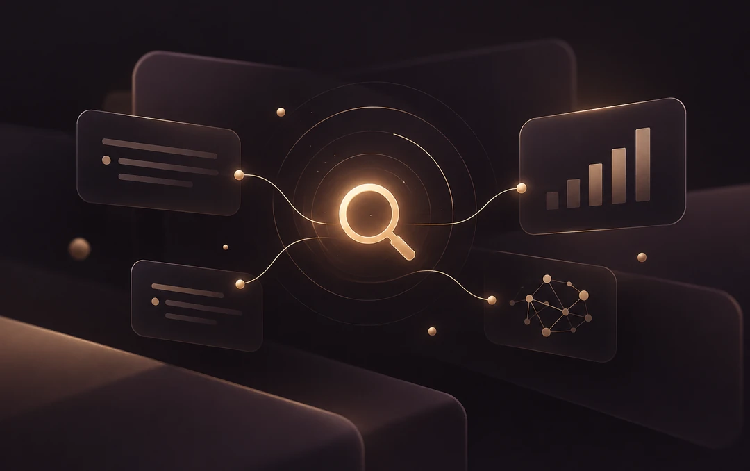 Illustration : loupe lumineuse reliée à des panneaux de résultats